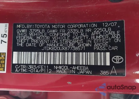 2008 Toyota Prius from USA, damaged, VIN JTDKB20UX87738571